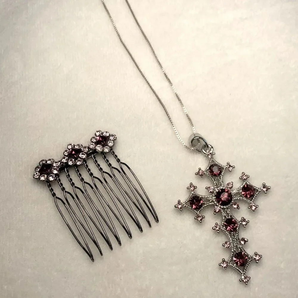 Silver Tone & Purple Crystal Cross and Crystal Hair Comb
